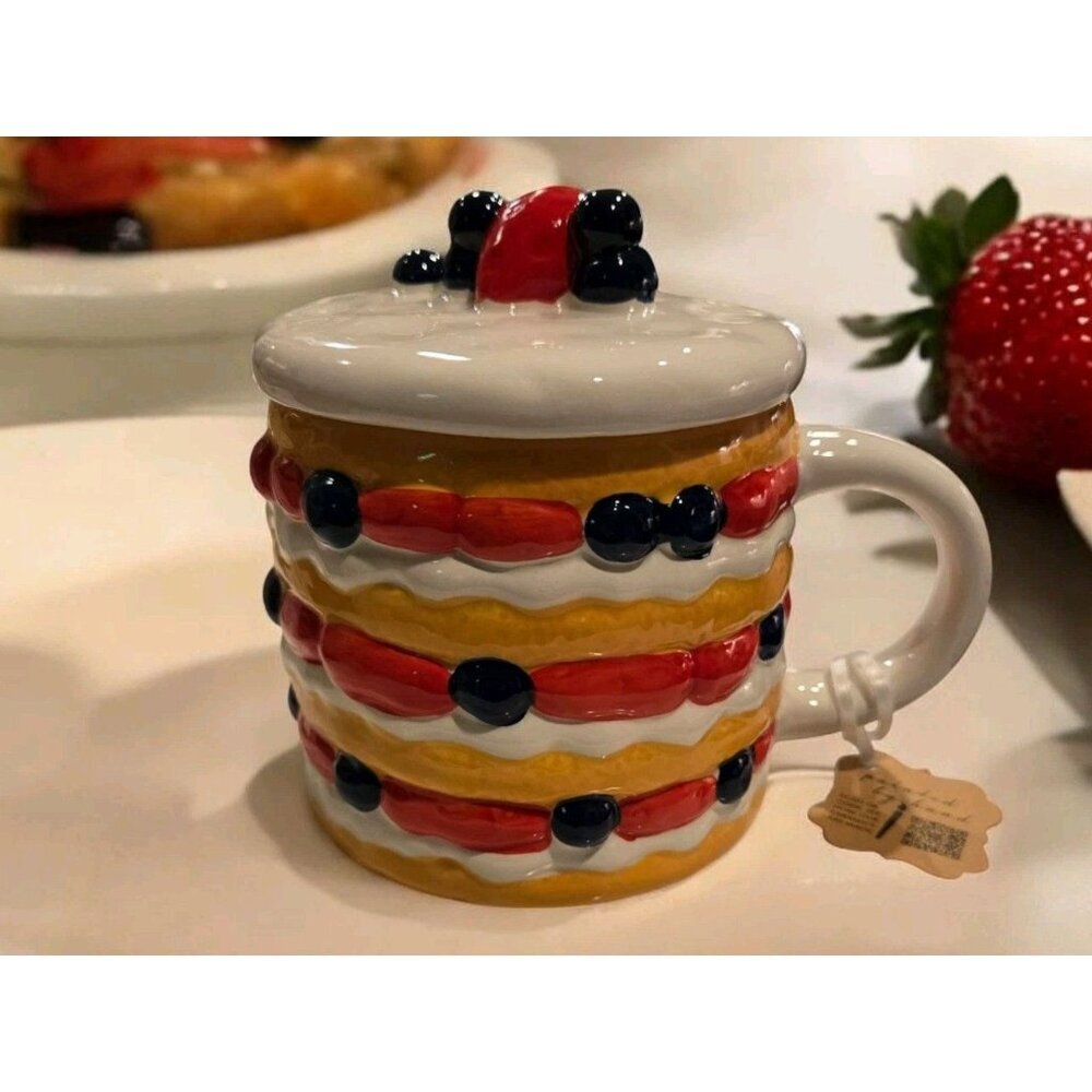 New Blueberry / Stawberry Shortcake Dessert Mug Storage Bow W/ Lid Kitchen